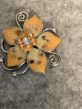 Vintage Floral Orange Enamel & Crystal Brooch